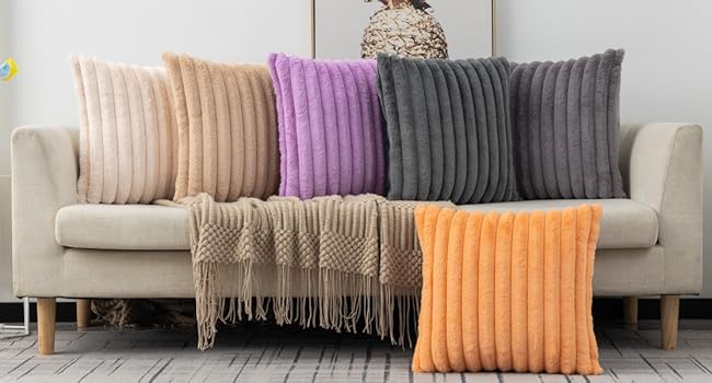 Set of 2 Dark Grey Faux Fur Decorative Throw Pillow Covers Striped Pillowcase Cushion Covers 18 x 18 Inch Sofa Couch Bedroom