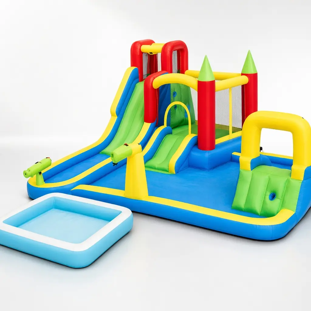 11-in-1 Inflatable Water Park Slide, Bounce Castle with Pool, Trampoline, Basketball Hoop, Ring Toss & Water Gun, for Kids Outdoor Backyard Party, Ground Stakes Included