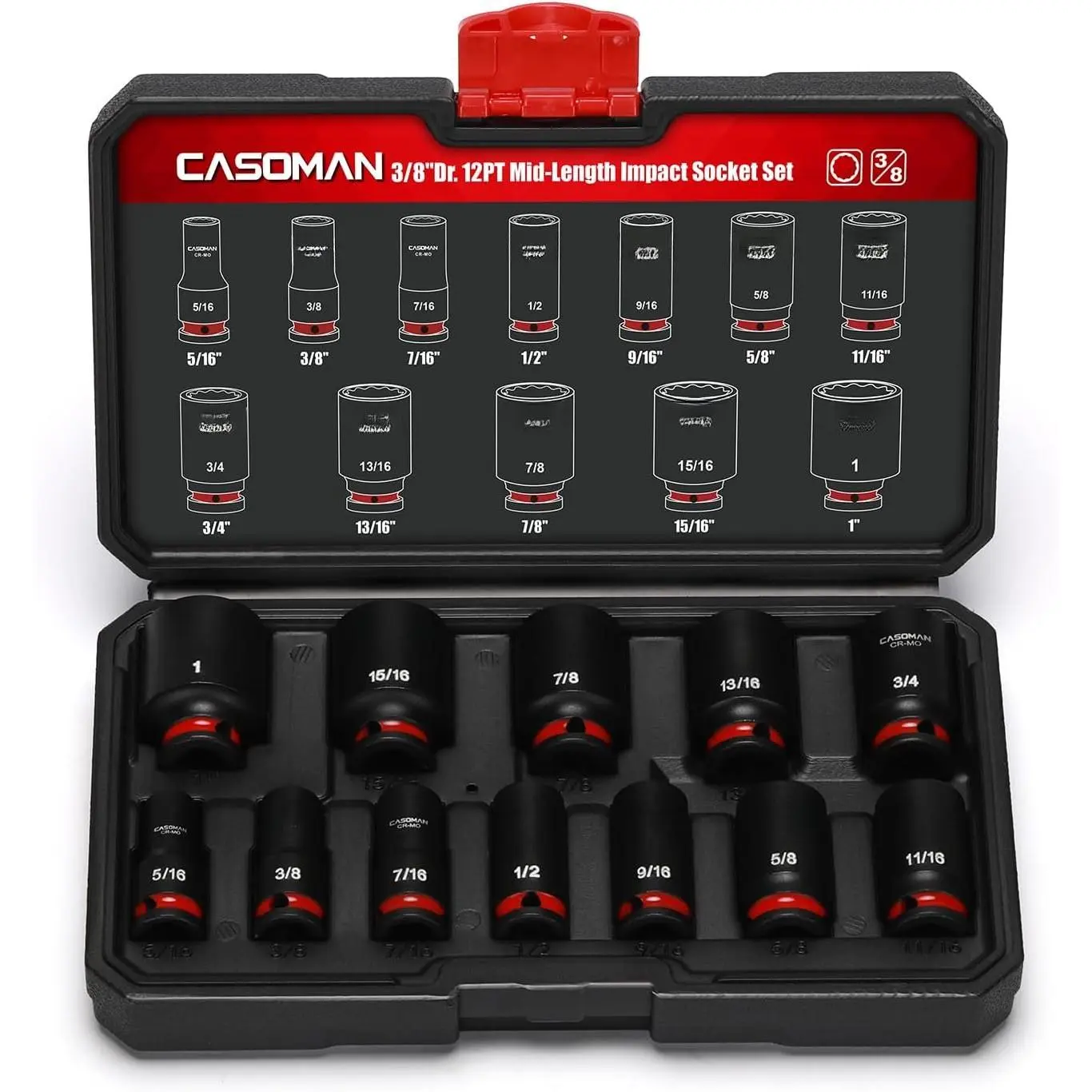 12-Pieces 3/8" Drive Mid-Length  Socket Set, 12-Point, SAE, 5/16-Inch to 1-Inch, CR-MO Steel, with Storage Case
