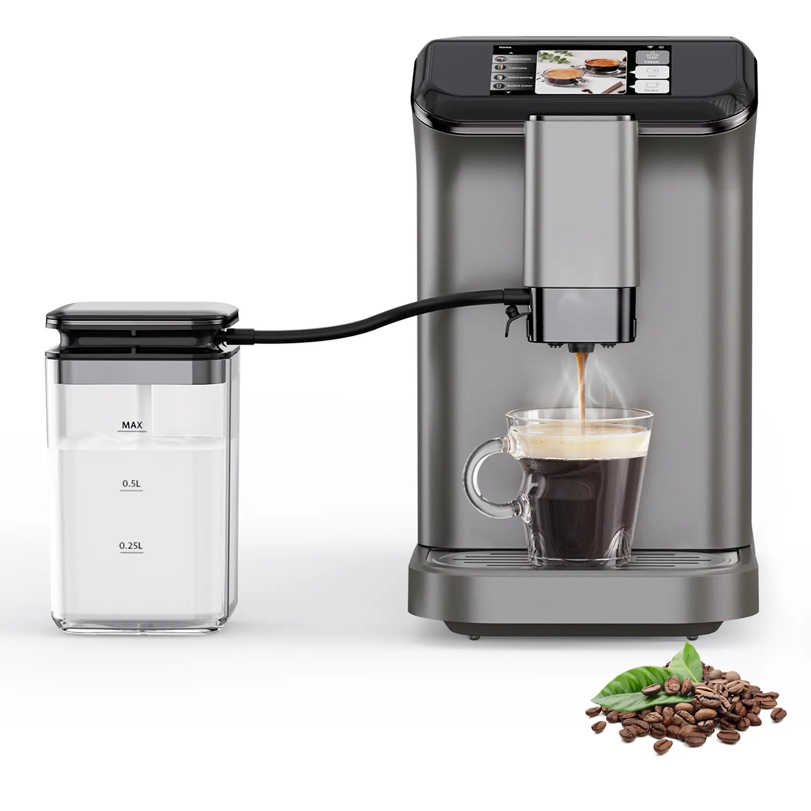 Fully Automatic Espresso Machine with TFT Touchscreen – Auto Milk Frother, 20 Bar Pump, 1350W – Starry Gray Gunmetal