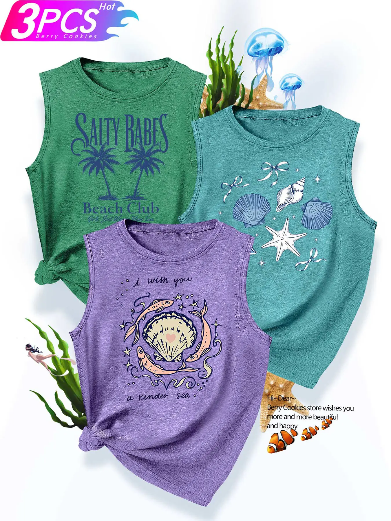 3Pcs Plus Size Women Elegant Sleeveless Crew Neck Tank, Beach Shell Palm Print, Soft Washable Spring Summer Daily Top