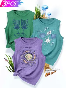 3Pcs Plus Size Women Crew Neck Tank, Beach Shell Palm Print, Soft Washable Spring Summer Daily Top