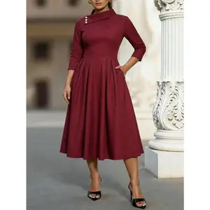 Plus Size, Plus-Size Burgundy Fitted Dress| Elegant Retro Style: Cinched Waist Sculpts the Silhouette, Full Skirt Elevates Charm, a Polished Standout for Plus-size Figures at Dates & Work
