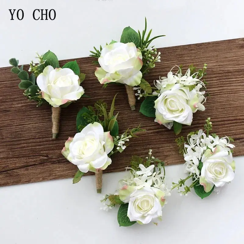 Silk White Rose Corsage & Boutonniere Set, Decorative Pin-On and Wrist Flowers for Wedding Guest Decor, Prom, Groom, Synthetic, Unisex, Fashion Unisex, Formal, Boutonniere A, Wrist Flower D, Set Pack, A Corsage