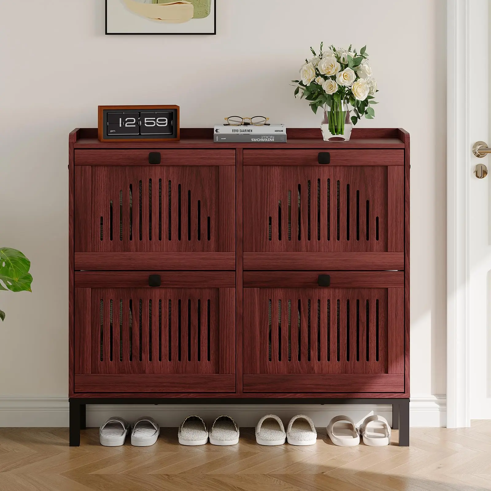 41"W Natural Oak Shoe Cabinet, 4 Flip Drawers Hidden Entryway Organizer for 24-32 Pairs, Slim Freestanding Wooden Rack for Narrow Hallways