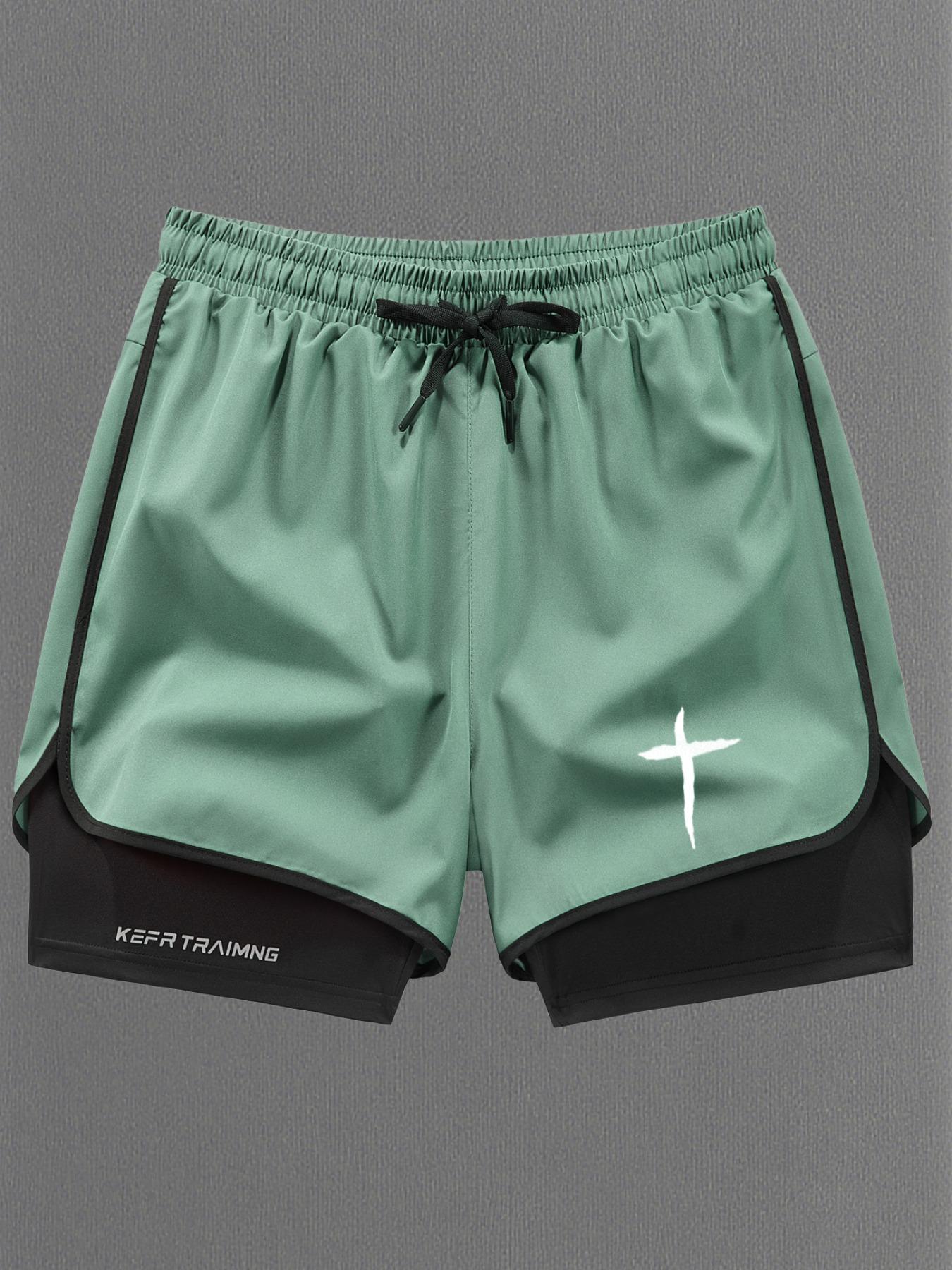 Men Women Regular Fit 2-In-1 Drawstring Waist Sport Shorts, Summer Pocket Print Casual Half Yoga Exercise Shorts, Fashionable Daily Wear