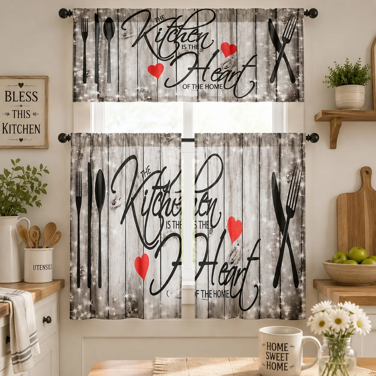 SoftHaven Home 3-Piece Vintage Home Decorative Curtain - Made in USA, Rustic Rod Pocket Sheer Kitchen Drapes, 100% Polyester, Machine Washable, Cooking Tools & Heart Patterns, Small Window Fit, Ideal for Dining Rooms