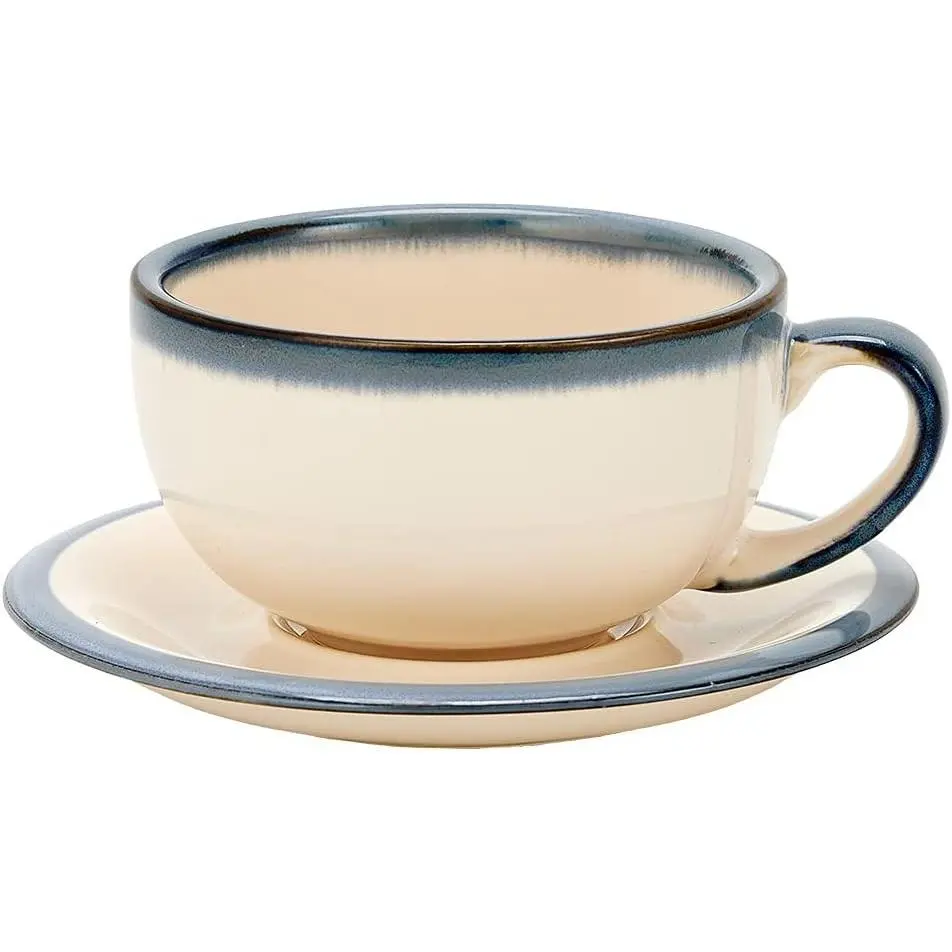 Thick, Round Vintage Design 12 oz Ceramic Latte Art Cappuccino Barista Cup with Saucer (Beige)