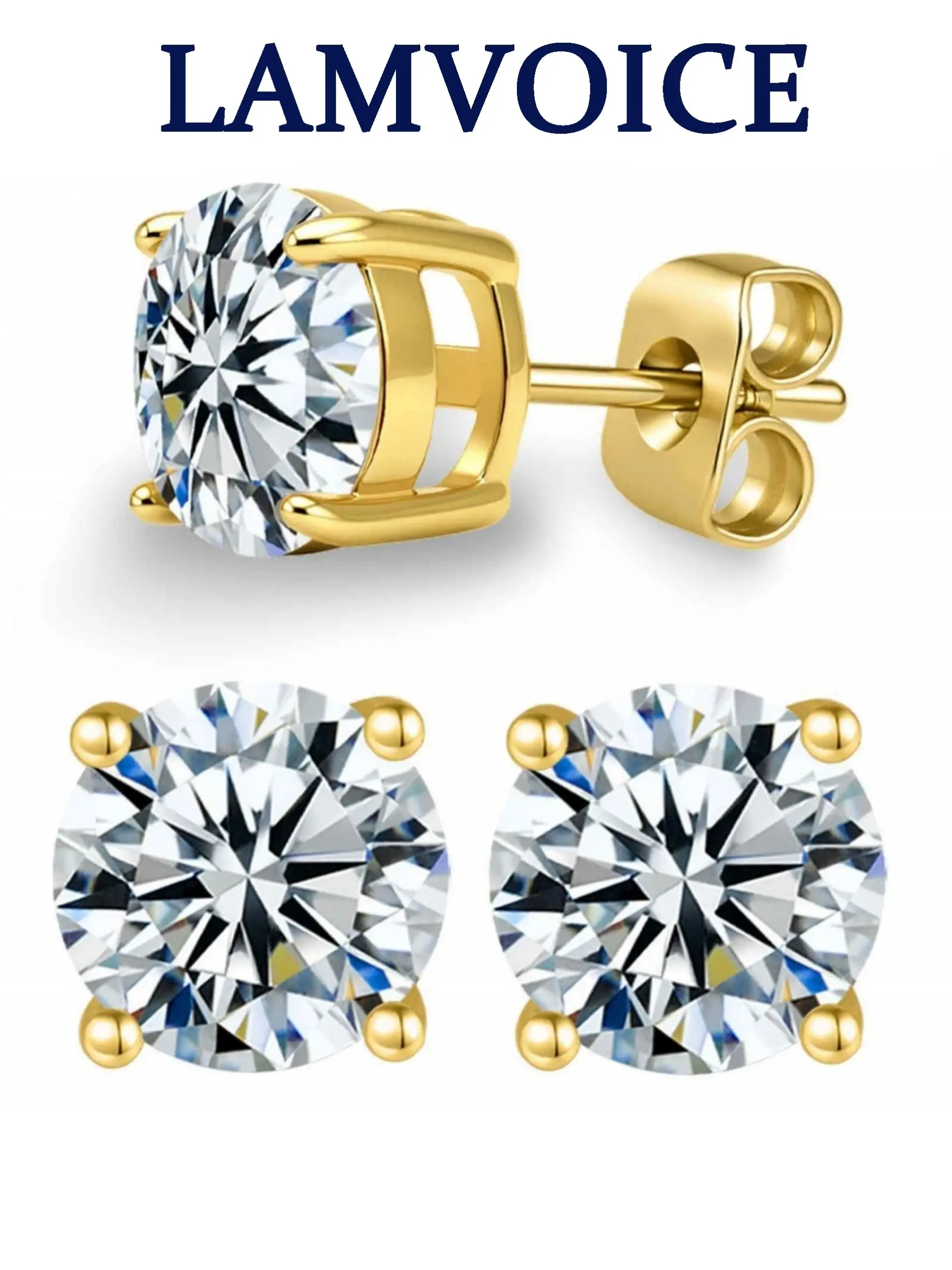 LAMVOICE Solitaire Moissanite Stud Earrings, 18K Gold Plated (Brass Base), Hypoallergenic – 1ct to 2.0ct Pair, Moissanite Ear Studs