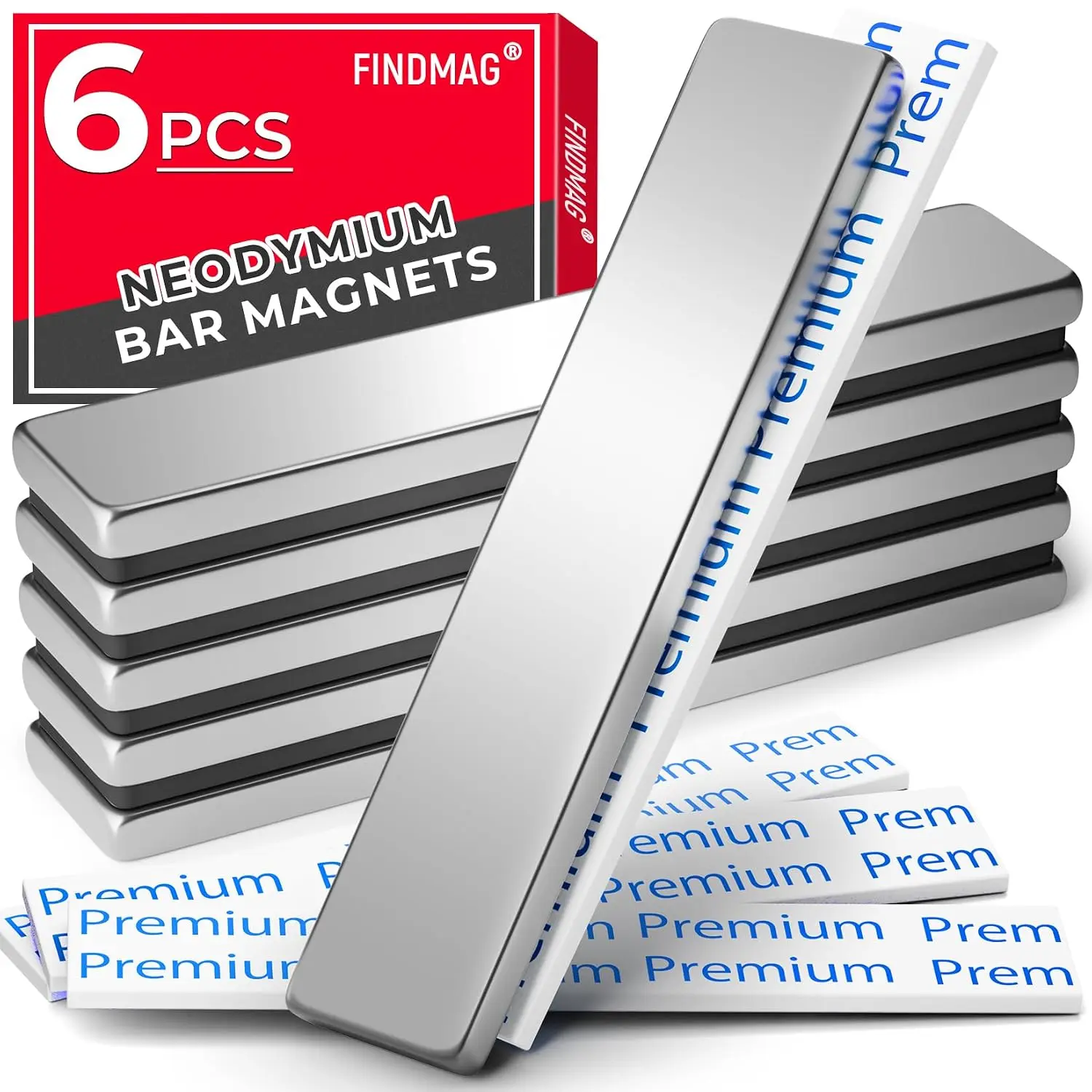 Neodymium Magnets with Backing, 6 Pack, 60x10x3mm| Bar duty in a flat bar; for cabinet doors, shower door repairs,, and DIY