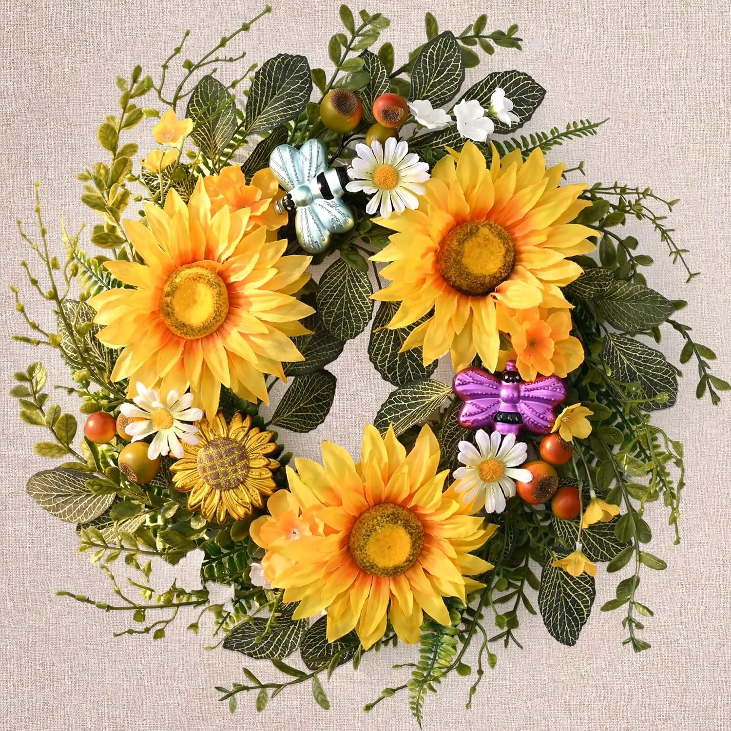 Spring Sunflower Summer Wreaths for Front Door Outside All Season, 18 Inch Artificial Flower Door Wreaths with Daisy and Bee, Sunflower Decor for Home Porch, Wedding Housewarming Gifts