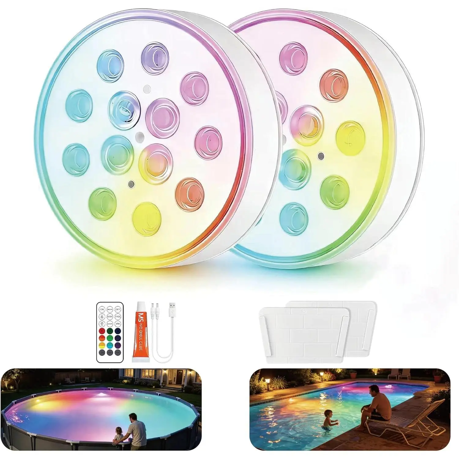 Magnetic Pool Lights for Above Ground & Inground Pools - Rechargeable Underwater RGB 16 Color Submersible LED Lights with Remote Control & Timer, Waterproof, Decor for Hot Tub, Fountain, Party, Vase (2 Pack)