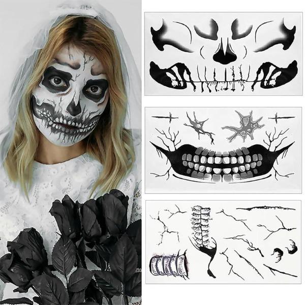 Fake Zombie Face Tattoos & Day of Dead Skull Stickers - Halloween Makeup Kit Accessories, Temporary Tattoo for Costume Prank, Women Men, Realistic Scar Wounds FX (3 Sheets)