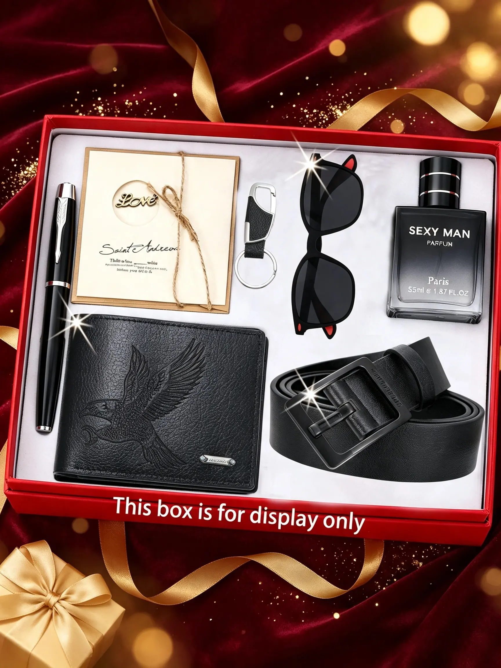 7pcs Men's Luxury Gift Set, PU Leather Wallet, Belt, Perfume, Sunglasses, Pen, Keychain, Perfect for Birthday, Father's Day, Valentine's Day