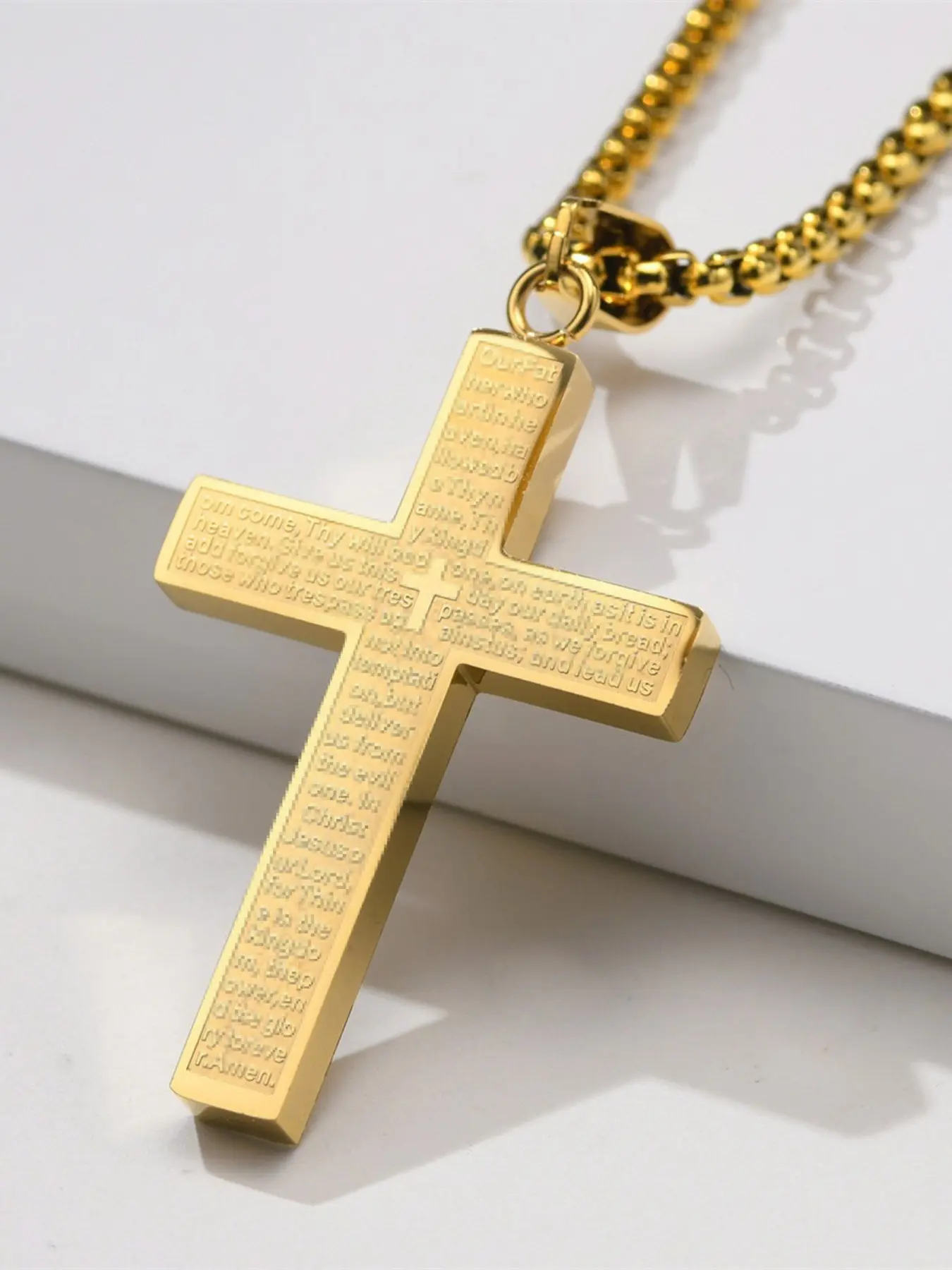 Men's Titanium Steel Cross Pendant Necklace, Unique Religious Text Jewelry, Trendy Versatile Accessory, Fashionable Men's Wear