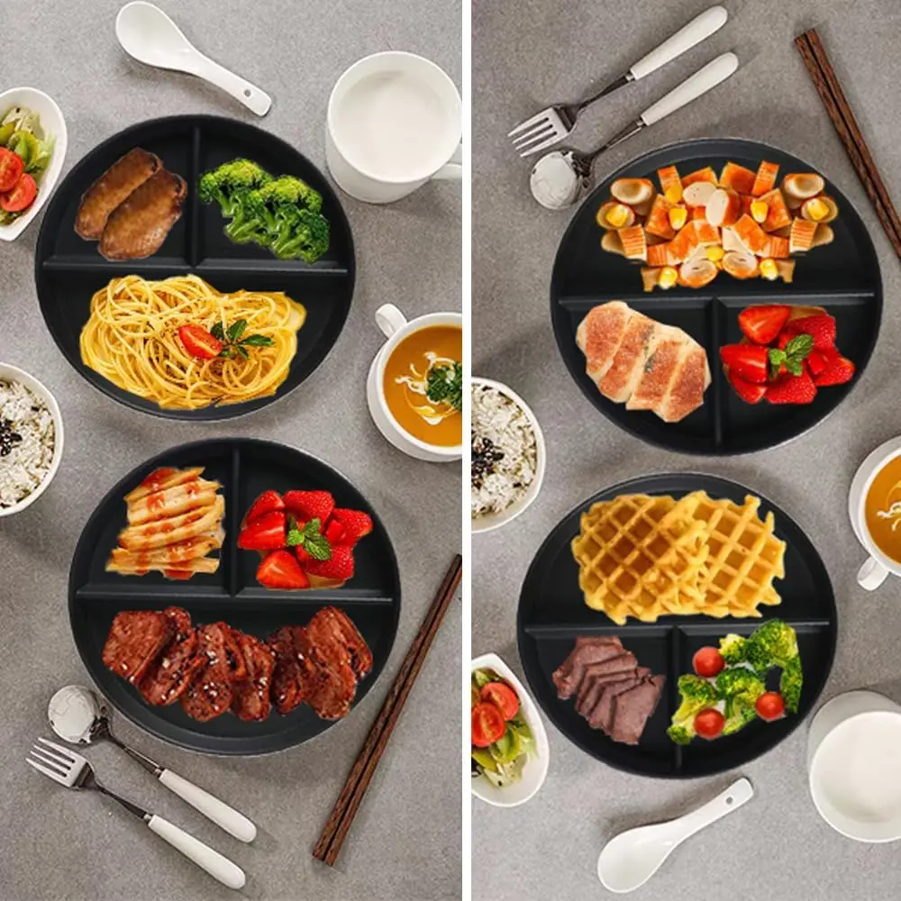 (5 Pack) Portion Control Plate for Balanced Eating, 9" Unbreakable Divided Plates,3 Compartment Round Plates,  Plastic Plates,  for  Adults Bariatric Diet (Black)