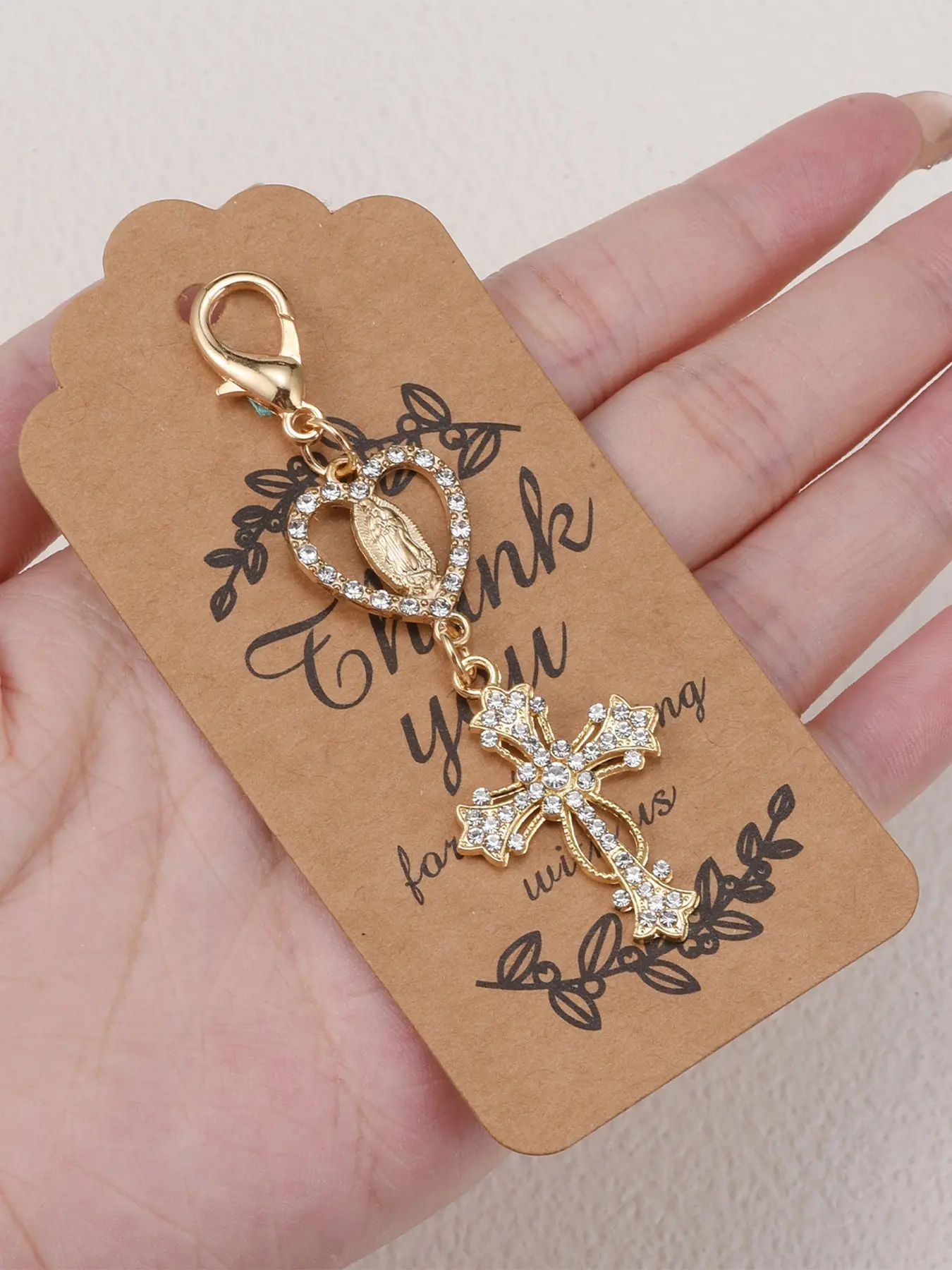 Virgin Mary Heart Rhinestone Cross Sparkly Bag Charm Pendant – Gold Religious Faith Keychain with Lobster Clasp, Spiritual Bag Decoration & Bag Chain Charm, Bag Accessories Charms for Backpack Purse, Ideal for Catholic & Faith Inspired Gift Lovers