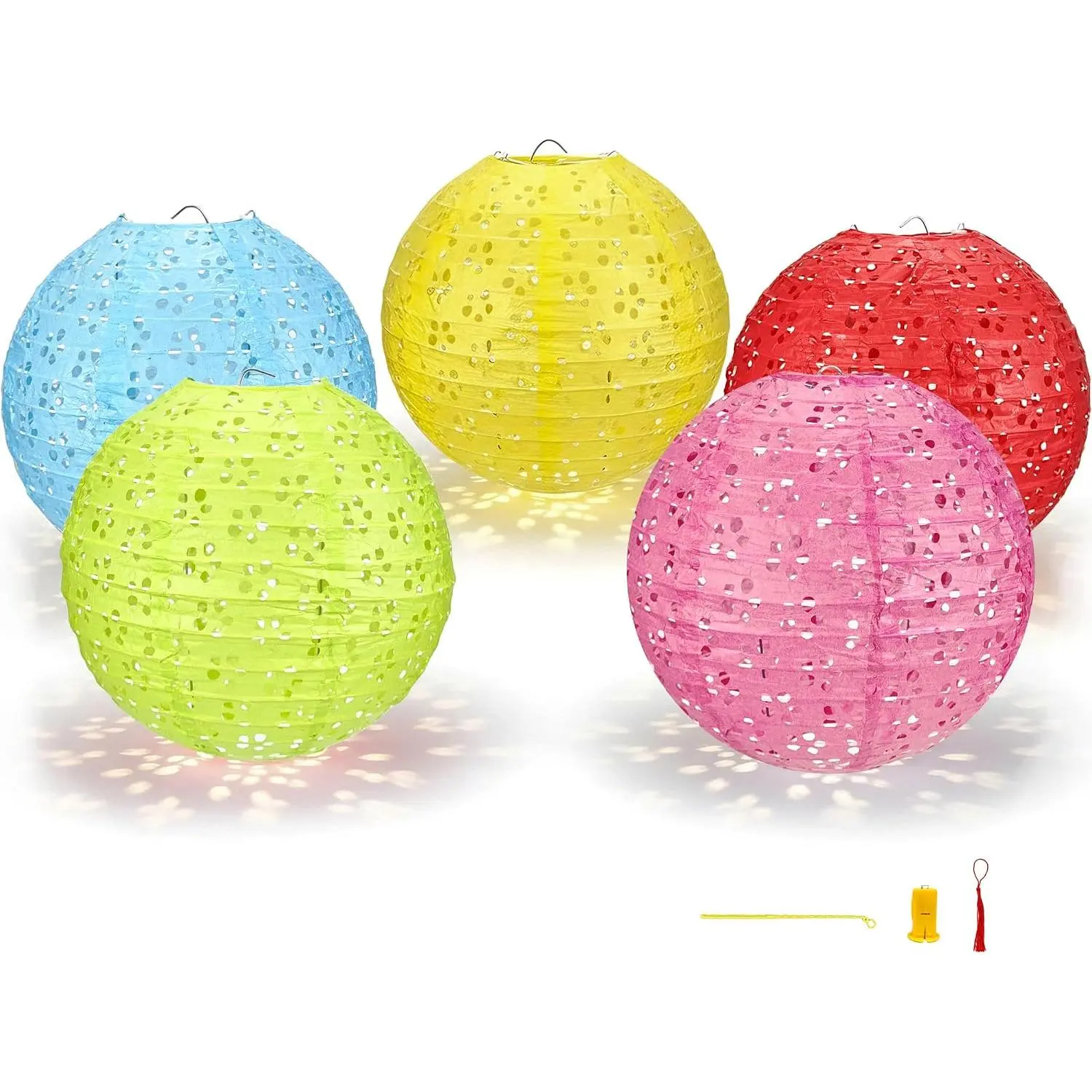 5Pack Chinese Lunar  Year Decorations 2026 Paper Lanterns with Lights Chinese   Paper Lanterns with LED Sticks Tassels 8 Inch for Spring Festival Valentine's Day Party Decor