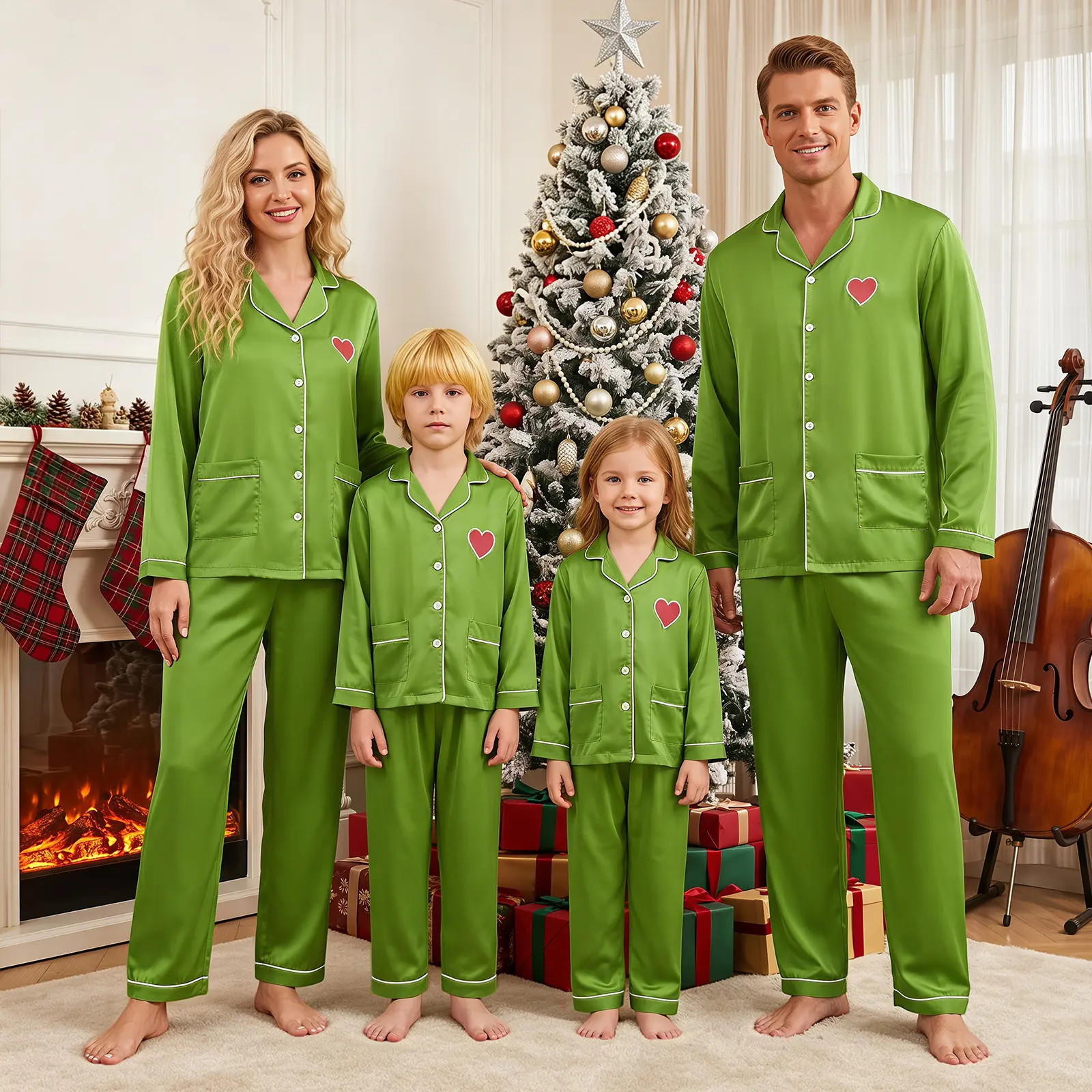 Family Matching Christmas Silky Polyester Satin 2-Piece Pajama Set - Long Sleeve Notch Collar Button Top, Long Pants with Red Heart Embroidery, Uniform Holiday Loungewear for Adults & Kids