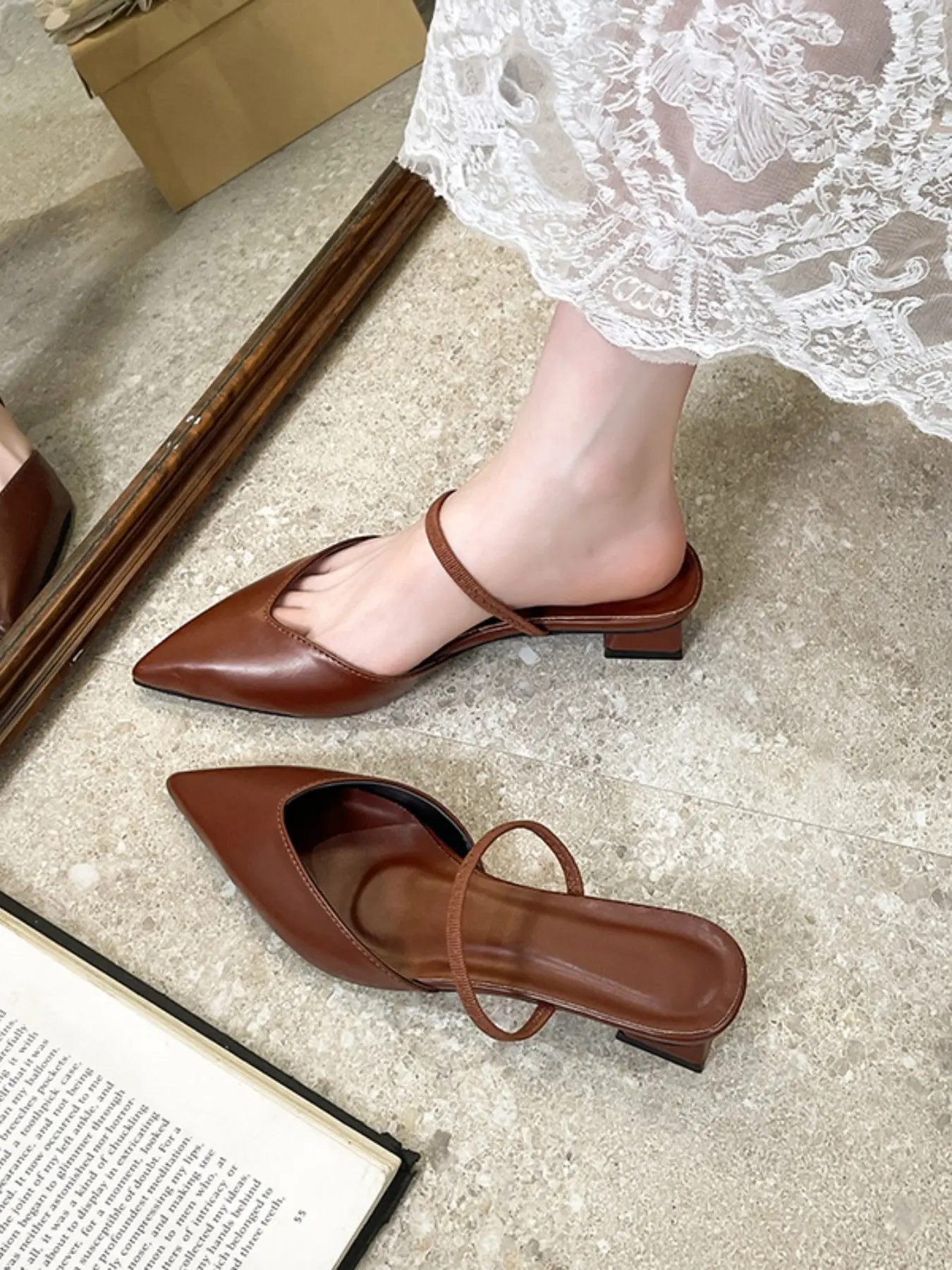 Women's Pointed Toe Slingback Pu Leather Mules, Thin Strap Backless Square Low Block Heel, Minimalist Elegant Office Daily Dress Shoes
