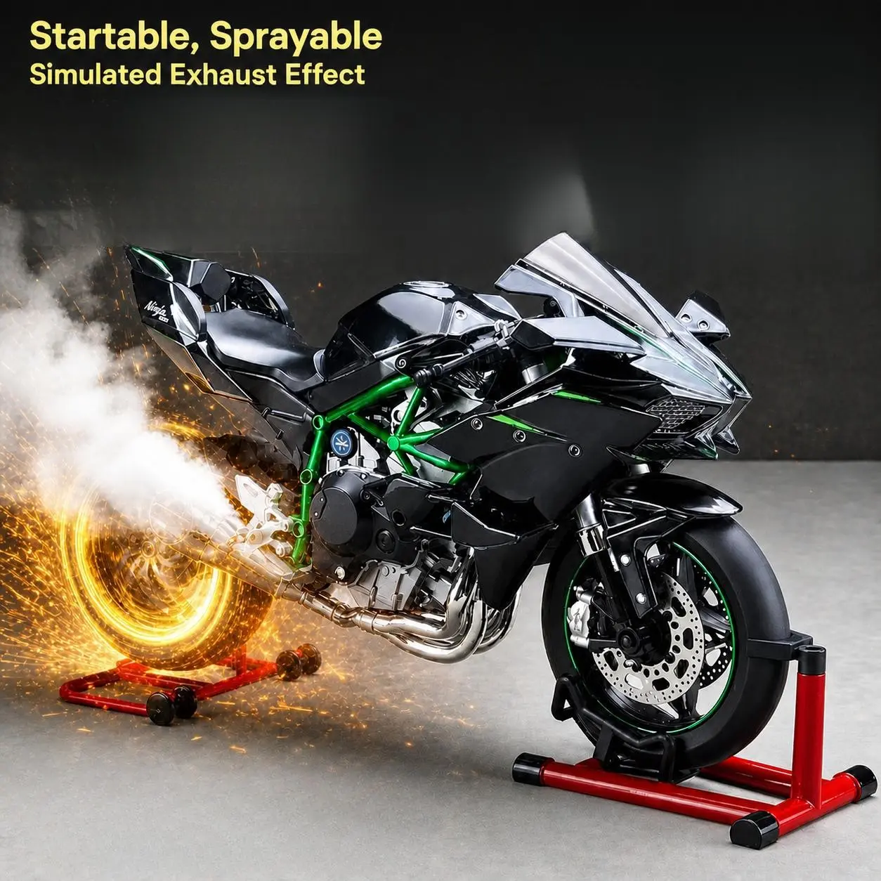 Dynamic Alloy Motorcycle Model, Dual Exhaust Smoke Spray, Key Start, Lighted, Shock Absorber, Steering, Rear Wheel, Collectible Toy Car