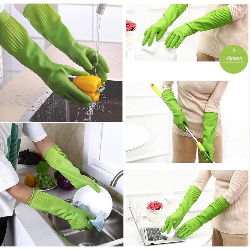 3/1 Pairs of Rubber Dishwashing Gloves for Kitchen and Household Cleaning - Long Cuff 15", , Flexible Long-lasting and Non-Slip (Red+Yellow+Green, X-Large)