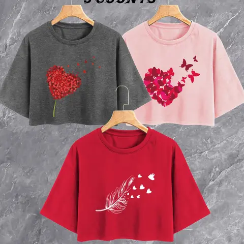 Women's Heart & Feather Print Crop Tee, Casual Everyday Tee, Casual Short Sleeve Round Neck T-shirt for Summer, Ladies Clothes for Daily Wear, Womenswear