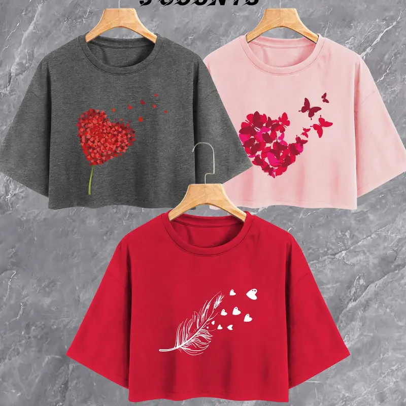 Women's Heart & Feather Print Crop Tee, Casual Everyday Tee, Casual Short Sleeve Round Neck T-shirt for Summer, Ladies Clothes for Daily Wear, Womenswear