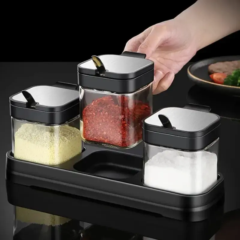 1 Set Glass Storage Jars with Lids & Stainless Steel Spoons, Seasoning Jars Containers, Food Containers for Sugar, Salt, Coffee & Tea, Home & Kitchen Use