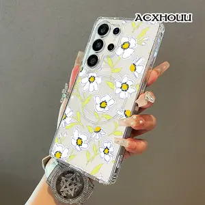 Fresh White Anemone Line Floral Art Magnetic Protective Case for SAMSUNG S26 ULTRA S25 S24 S23 S22,Vintage Vibes Shockproof,Aesthetic,Silicone,Lightweight,and Scratch Resistant