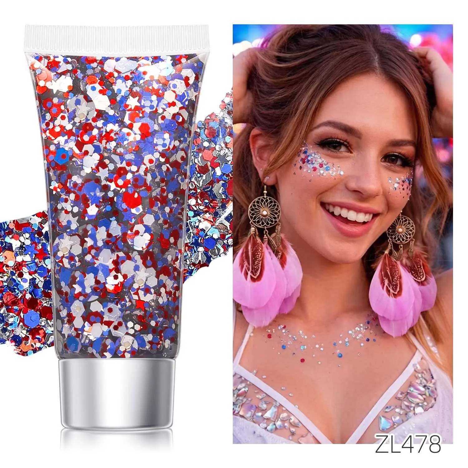 Self-adhesive glitter sticks, Red, white, and blue patriotic body painting, Shimmering body makeup, July 4th Independence Day shimmer, Summer party shimmer, Waterproof and long-lasting glitter, perfect for sporting events and holiday gifts