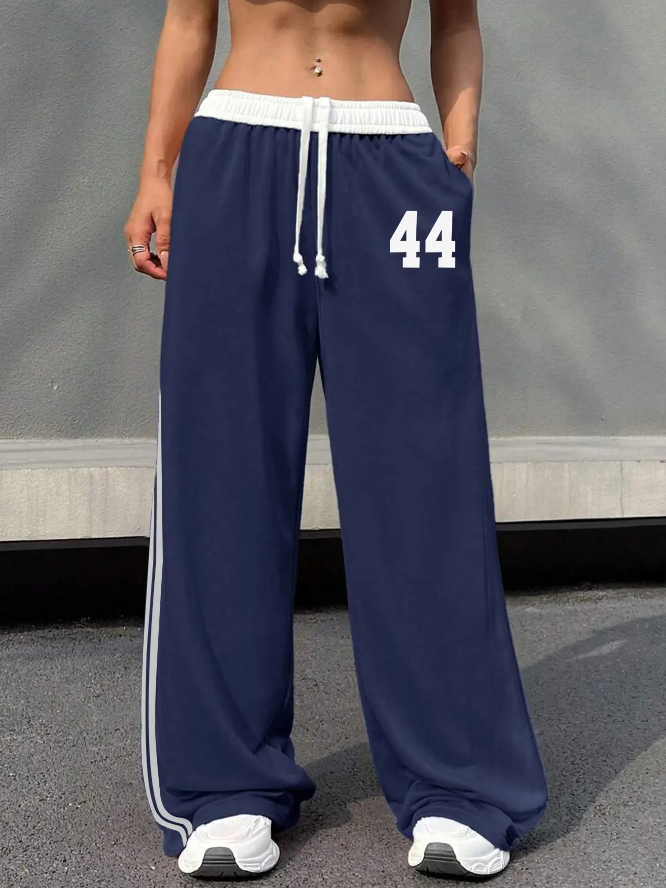 Women's Drawstring Leggings with Side Belt Design, Number 44 Print, Unique Casual All-Season Pants, Comfortable and Fashionable