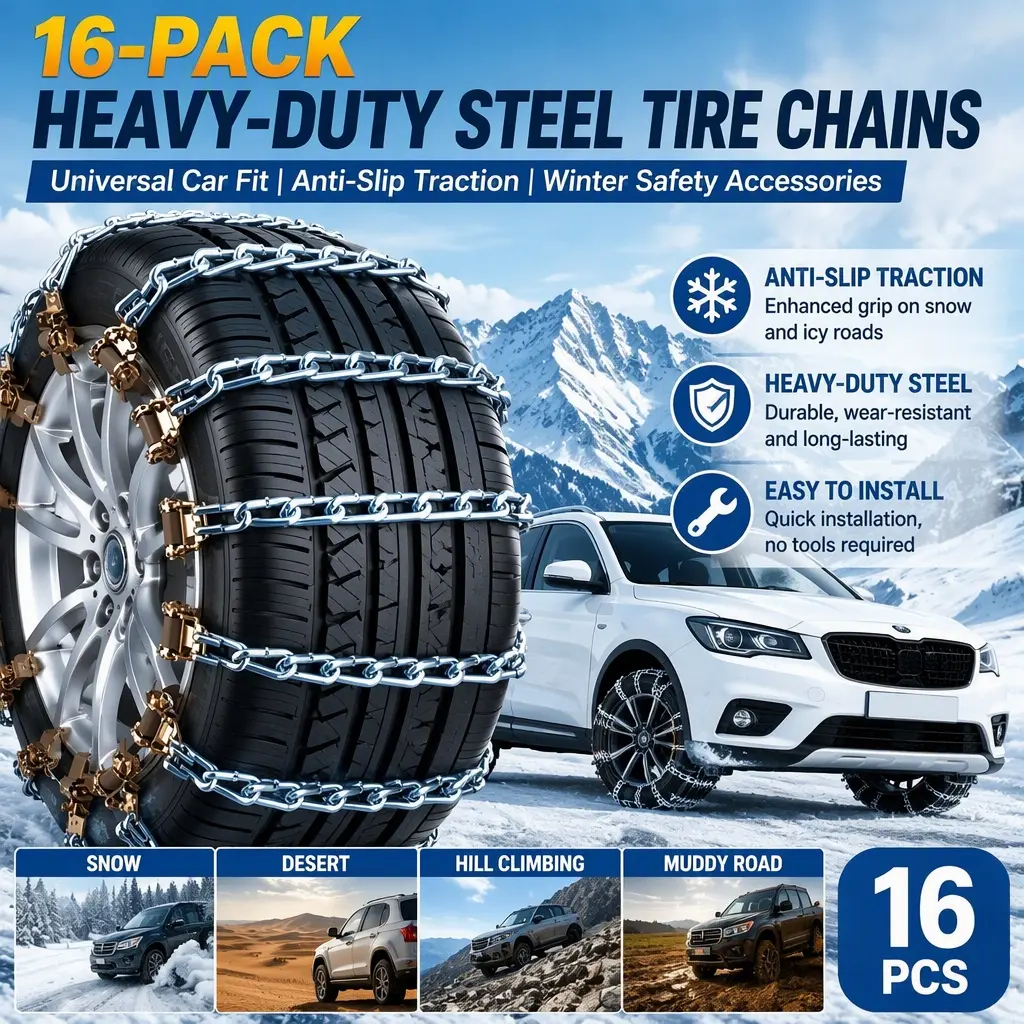 16‑Pack Heavy‑Duty Steel Tire Chains, Universal Car Fit, Anti‑Slip Traction for Snow, Desert, Hill Climbing, Winter Safety Accessories