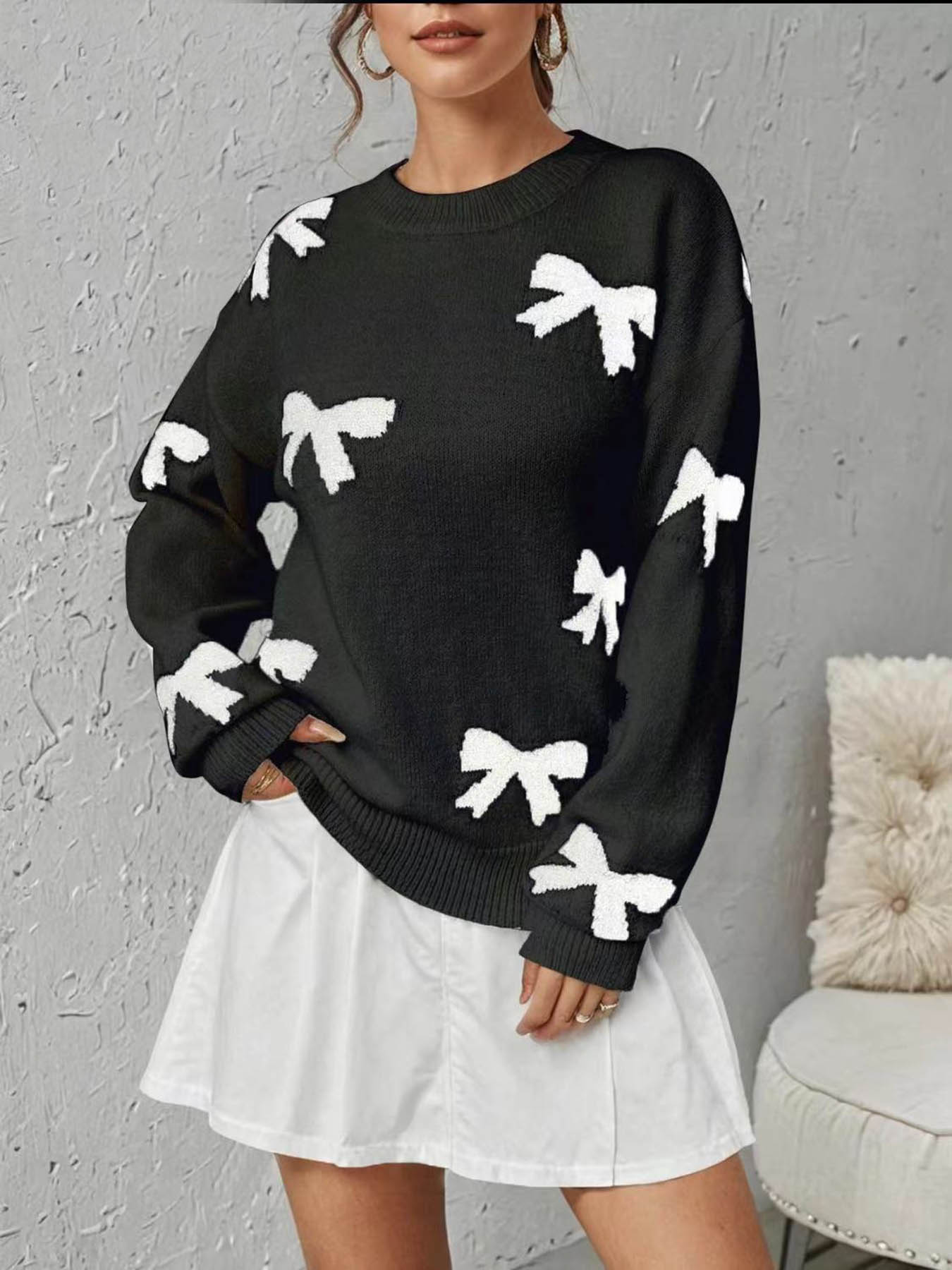 Women's Fashion Bow Print Casual Loose Knit Sweater, New Long Sleeve Pullover for Autumn and Winter, Knitwear, Tops