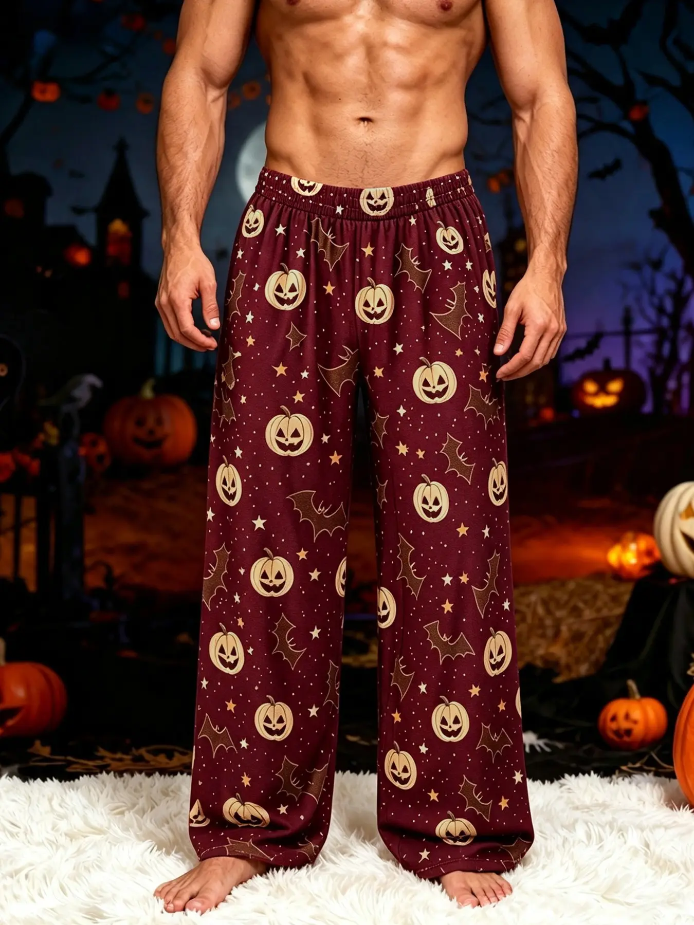 "halloween" Men's Halloween Pajama Pants, Pumpkin Bat Print, Elastic Waist, Soft Home Sleepwear, Casual Festival Party Wear，Cosas Para Parejas Ntimas.Costume Jewelry & Accessories.Sport & Outdoor Clothing，Men's Tops