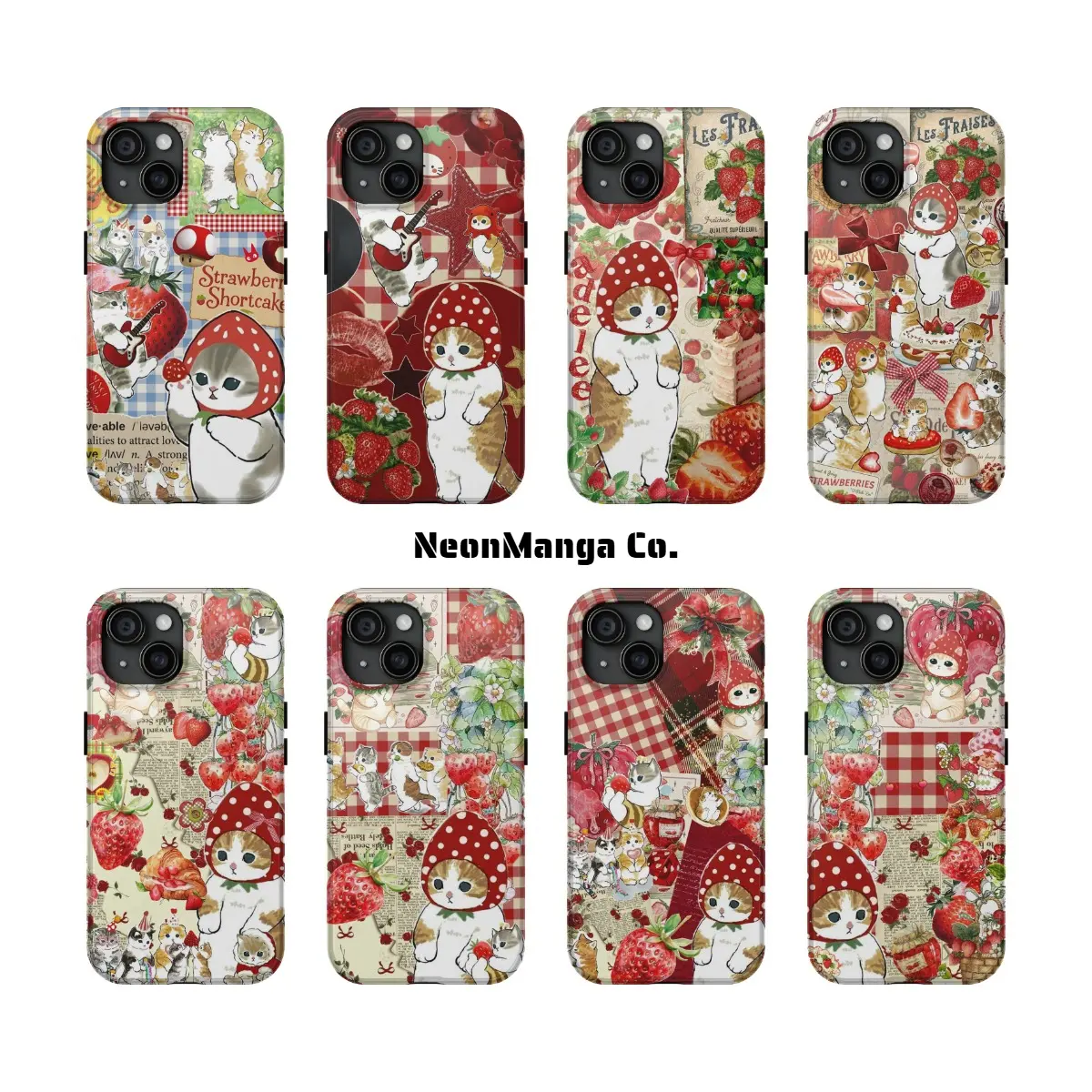 Cute Cartoon  Strawberry Cat Kawaii Mofusand Collage Pattern 2-in-1 Phone Case, Shockproof Double Layer Protective Cover Perfect Holiday Gift Compatible with iPhone 11 12 13 14 15 16 17