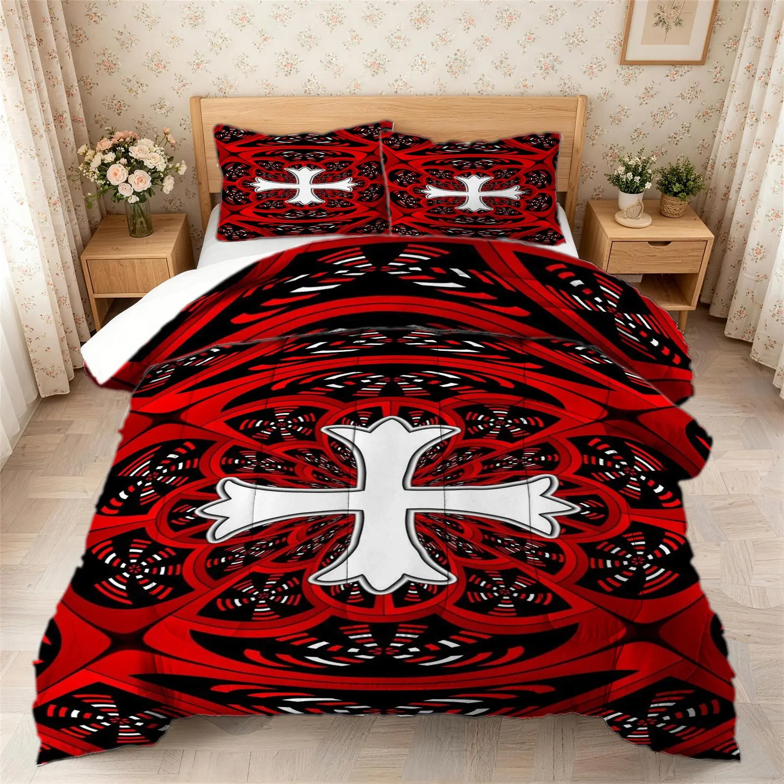 2/3Pcs Gothic Cross Comforter Set, Soft Quilt with Matching Pillowcase, Bold Bedding Set, Creates Dark Luxury Edgy Vibe for Gothic Style Fans, Perfect for Bedroom, Dorm & Apartment Use, Polyester Bedding Set