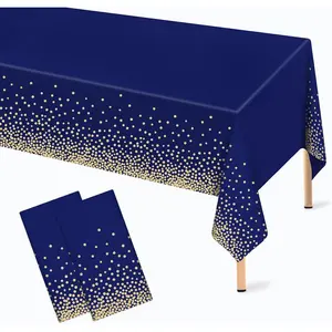 2 Pcs Navy Blue and Gold Plastic Tablecloth for Rectangle Table, 54×108 Inches Disposable Gold Dot Dark Blue Table Covers for Wedding Anniversary Graduation Party Decoration