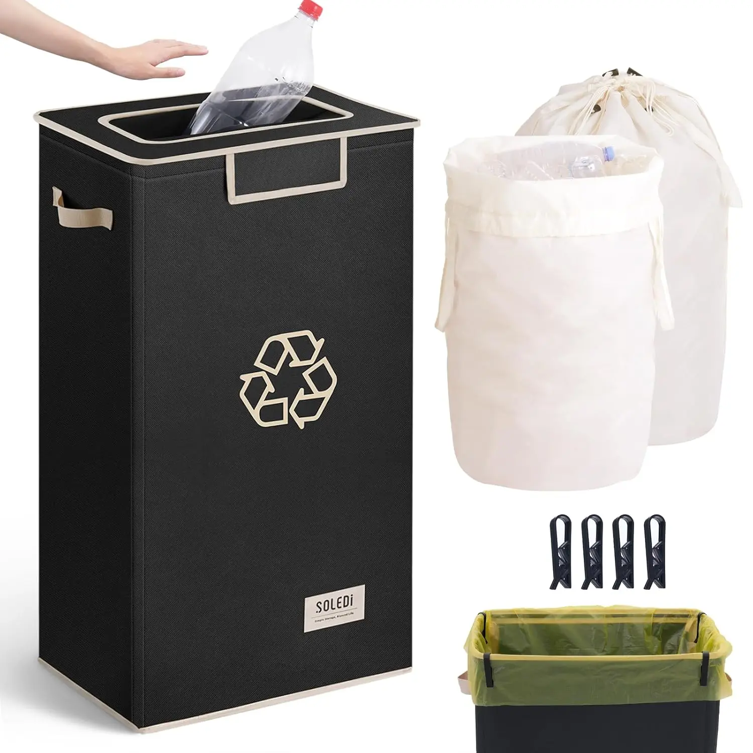 Recycle Bins for Kitchen,26 Gallon Recycling Bin with Lid and 2 Removeable Reusable Inner Bags,Indoor Recycling Trash Can for Collector of Bottles Cans, and Plastic,Black