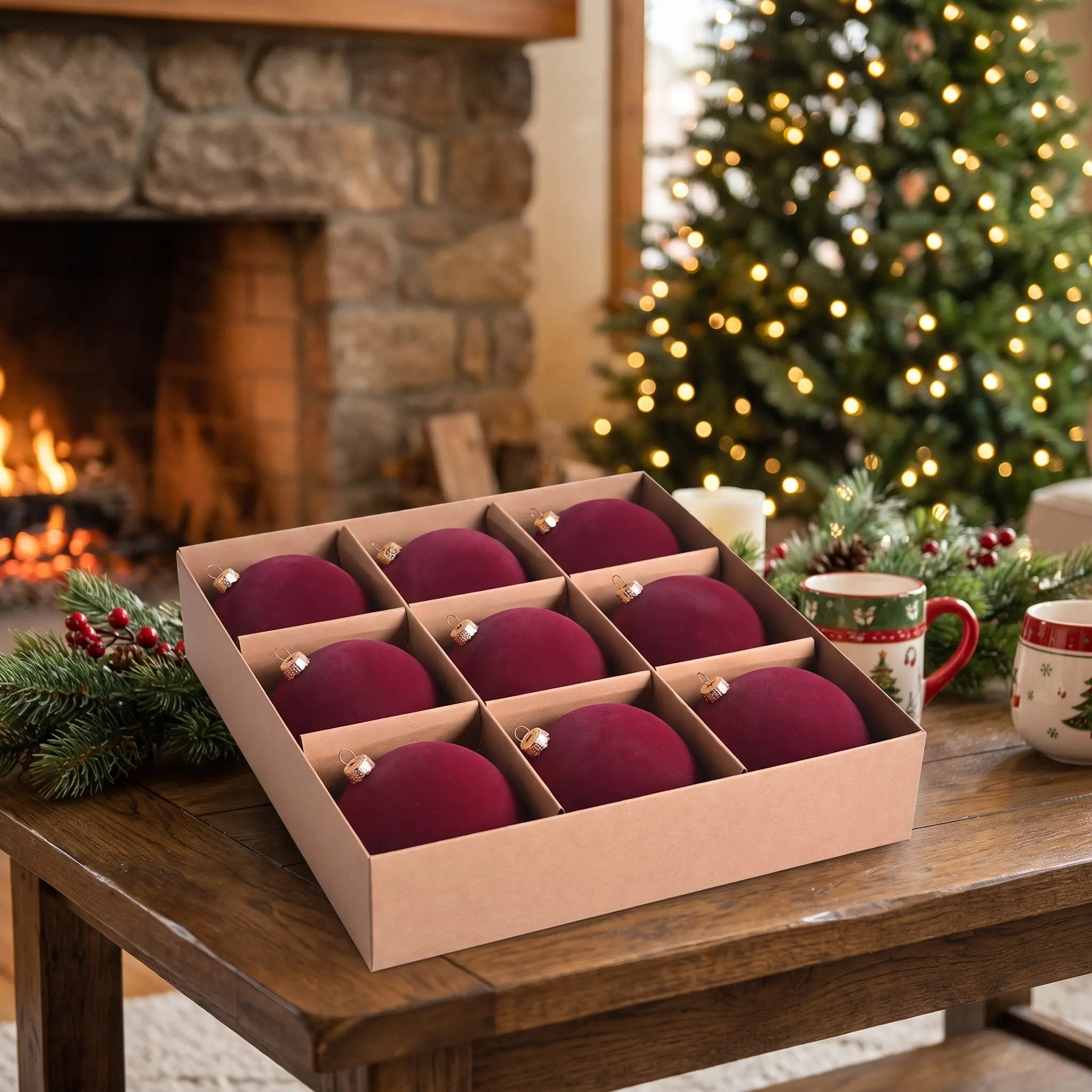 9 Large 10cm Plush Velvet Christmas Ornaments with Vintage Style and Matte Finish, Metallic Hanging Caps, Luxurious Leather Gift Box Suitable for Large Trees and Festive Home Decor