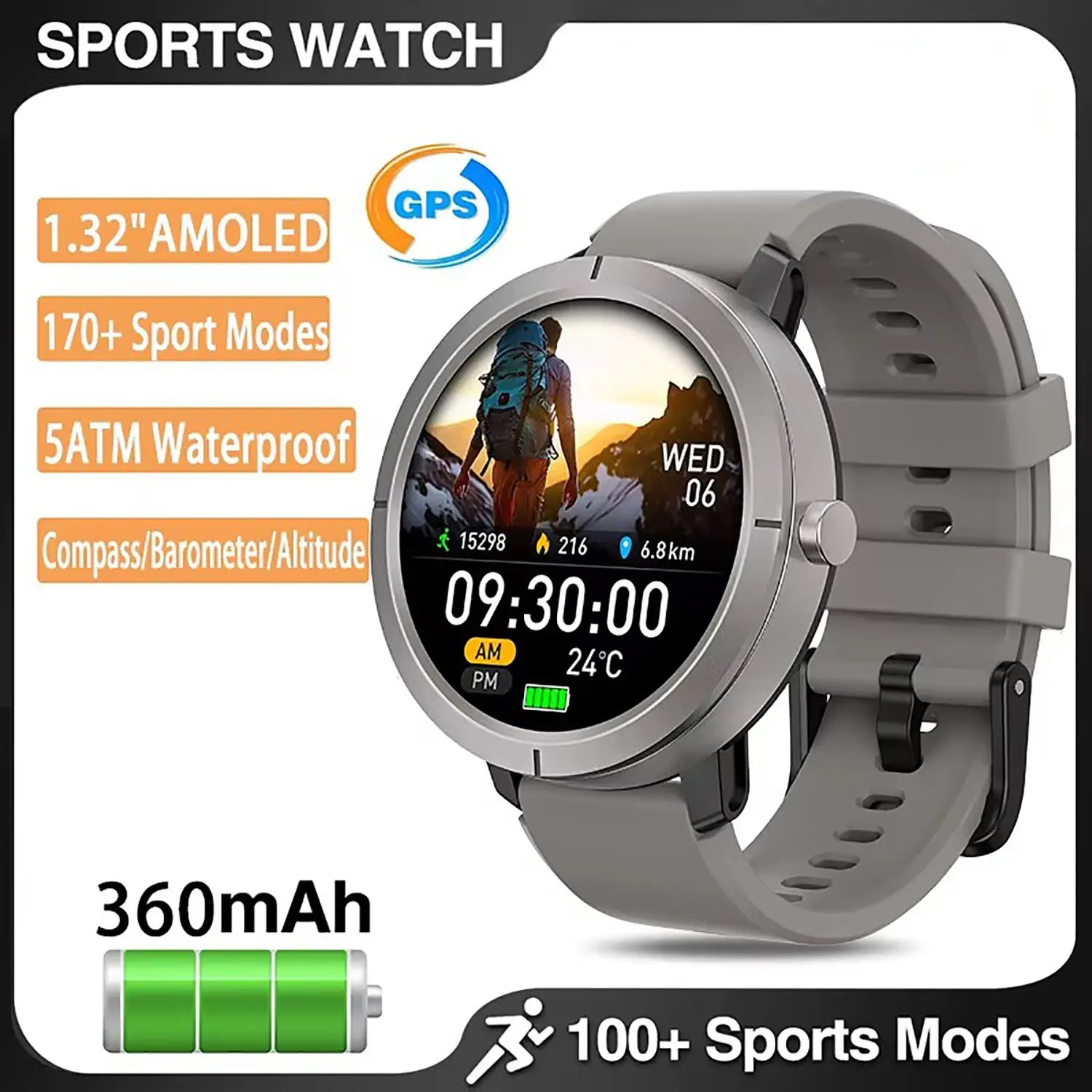 AMOLED HD Screen Health GPS Sports Smart Watches Fitness Sleep Compass Watch 5ATM Waterproof Smartwatch Men Lady Blue Tooth Call