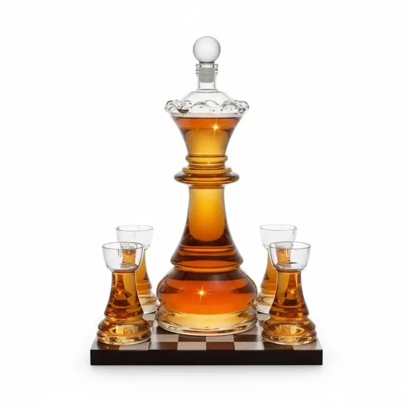 Luxury Chess Sculpture Liquor Decanter Kit 750ML, Queen Shaped Glass Bottle, 4 Chess Piece Cups, Novelty Barware Gift for Him