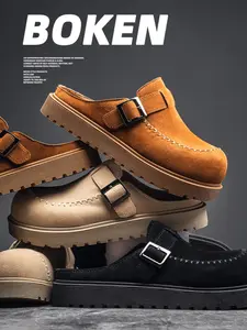 Men's Closed Toe Platform Mule Clogs, Adjustable Metal Buckle Suede Backless Slip-On Slides, Thick Non-Slip Rubber Sole Casual Walking Slippers, Outdoor Daily Wear Comfort Slide Sandals