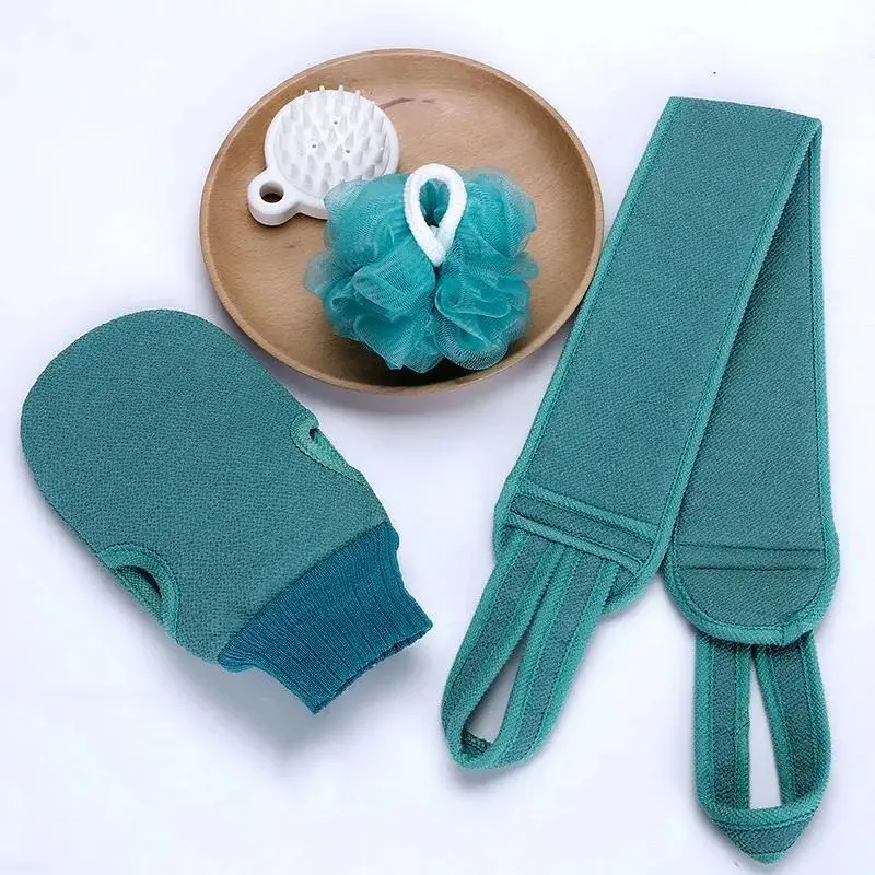 All-in-one Thickened Shower Tool Set, Durable Exfoliating Bath Glove for Removing Dead Skin, Long Back Scrubber Strap and Soft Foaming Bath Loofah, Full Body Exfoliation Bathroom Essentials Kit