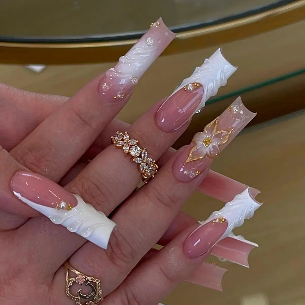 Women's 24-Piece Long Coffin Press On Nails Set, White Glide Glue, Gold Foil Embossed Flower, Handmade Diamond Decoration, Reusable Removable Fake Nail Tips