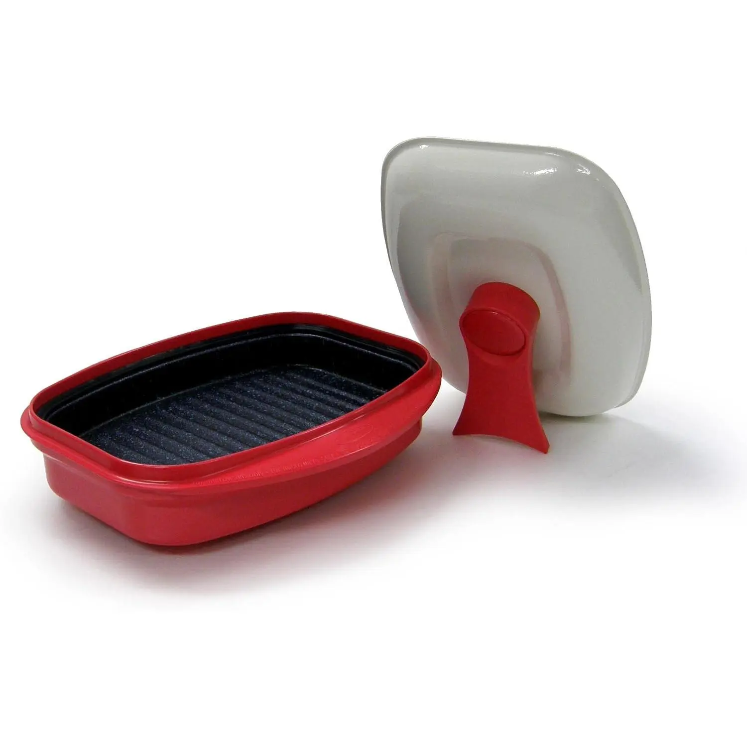 Microwave Grill Pan with Lid for Grilling, Browning, and Crisping Vegetables, Sandwich, & Meat, Red
