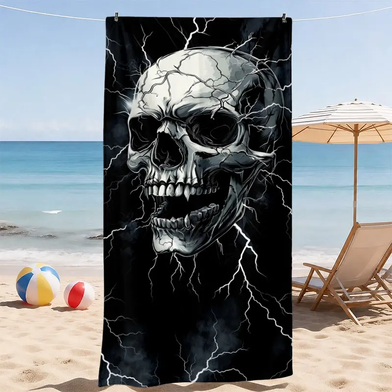 Dark Skull Lightning Beach Towel, Storm Background, Absorbent, Lightweight, Reusable, Ideal for Beach, Pool, Travel, Men's Gift