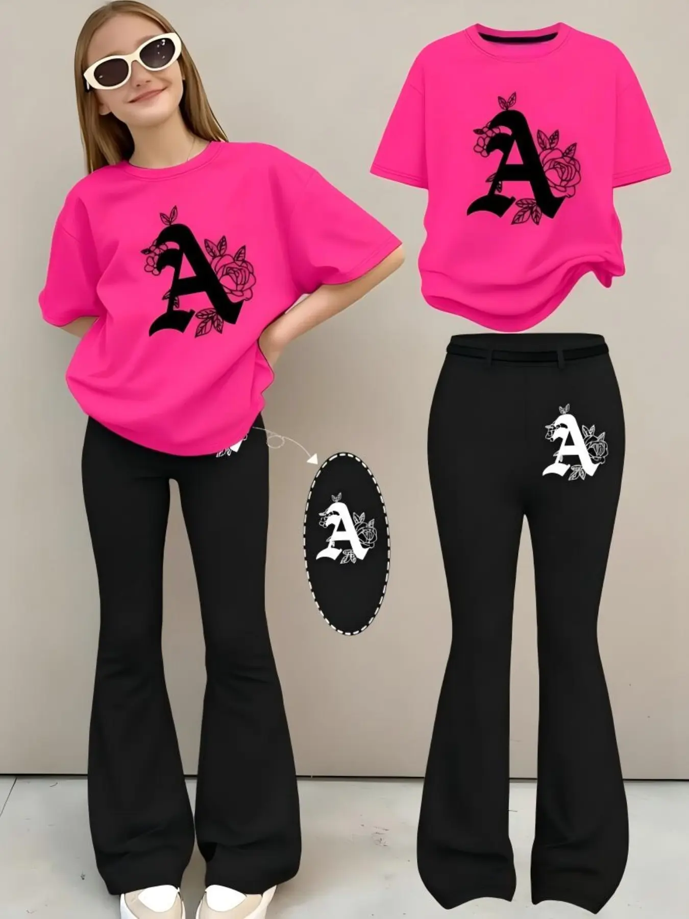 Classic everyday casual stretch lightweight gothic rose letter A graphic Short sleeve short top and black flare long pants matching set for young girls after school picnic coffee date city shopping spring summer teen streetwear fashion inspo
