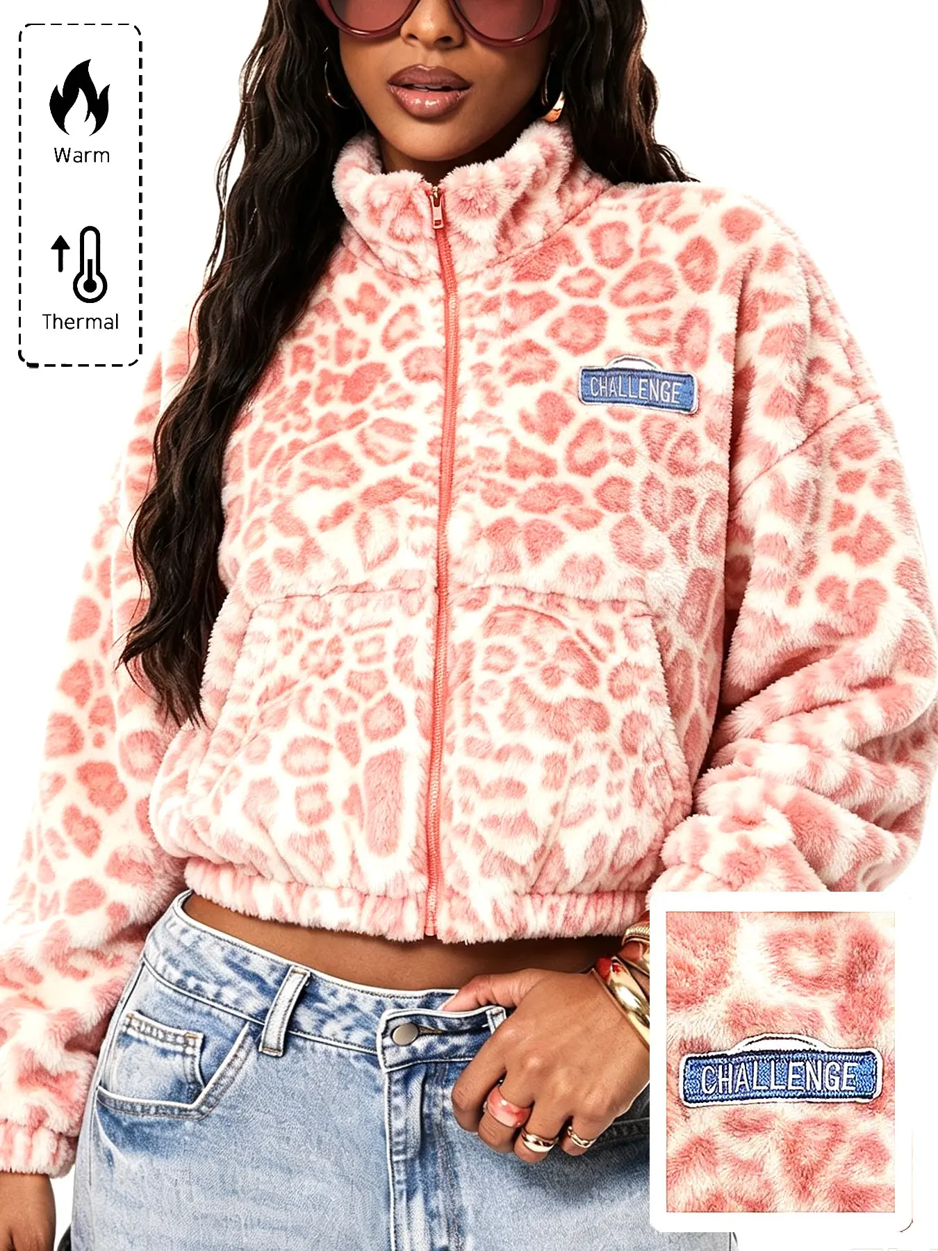 Women's Leopard Print Zipper Jacket, Stand Collar Warm Fuzzy Pockets Top, Full-Zip Sherpa Coat, Casual Fashionable Outerwear, Casual Winter Street Fashion.Women's Tops.Costume Jewelry & Accessories，Womenswear.Fashion Accessories  Universal Accessories