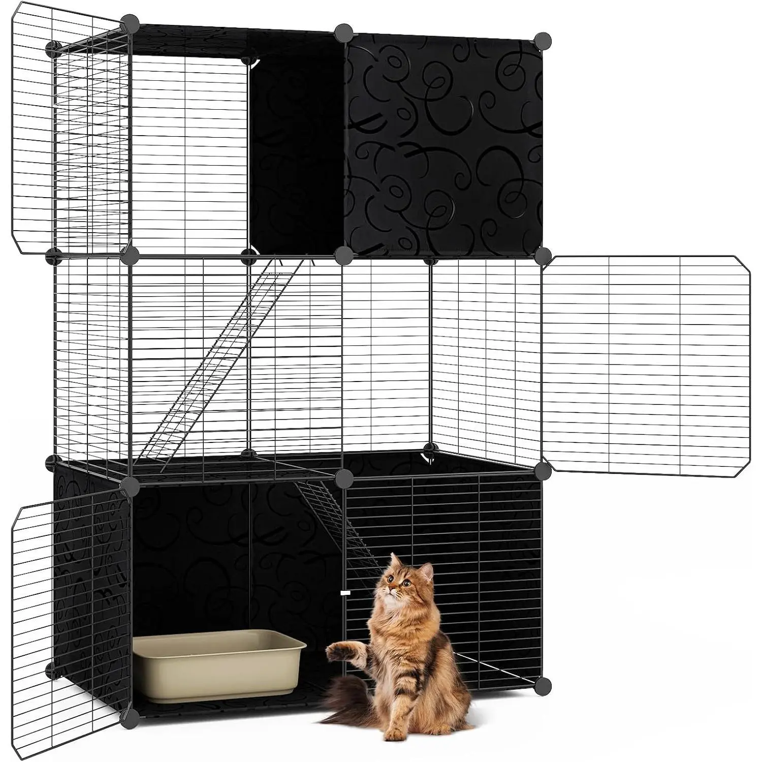 Cat Cages Indoor, 3-Tier DIY Cat Enclosure with 2 Ladders, Detachable Metal Wire Kennel Catio with 3 Lockable Doors, Ideal for 1-3 Cats or Other Small Animals, 29 x 18.5 x 43 in